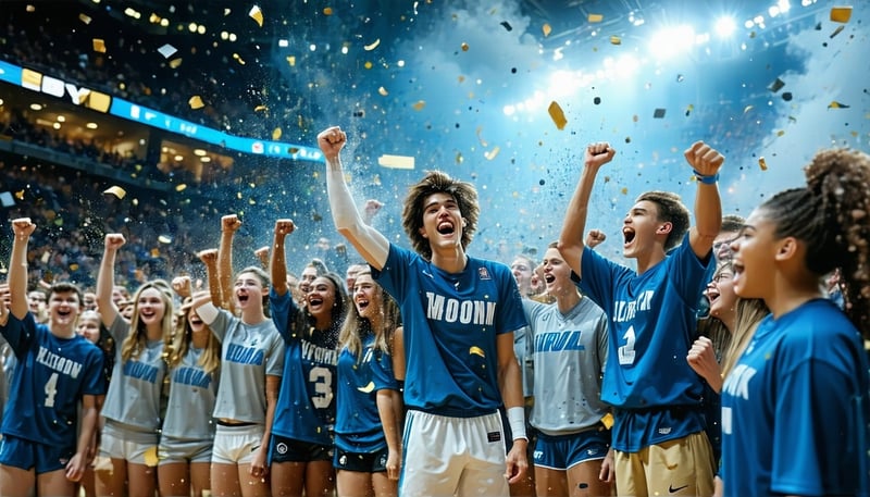 High school athletes celebrating, surrounded by dynamic sports graphics and media content