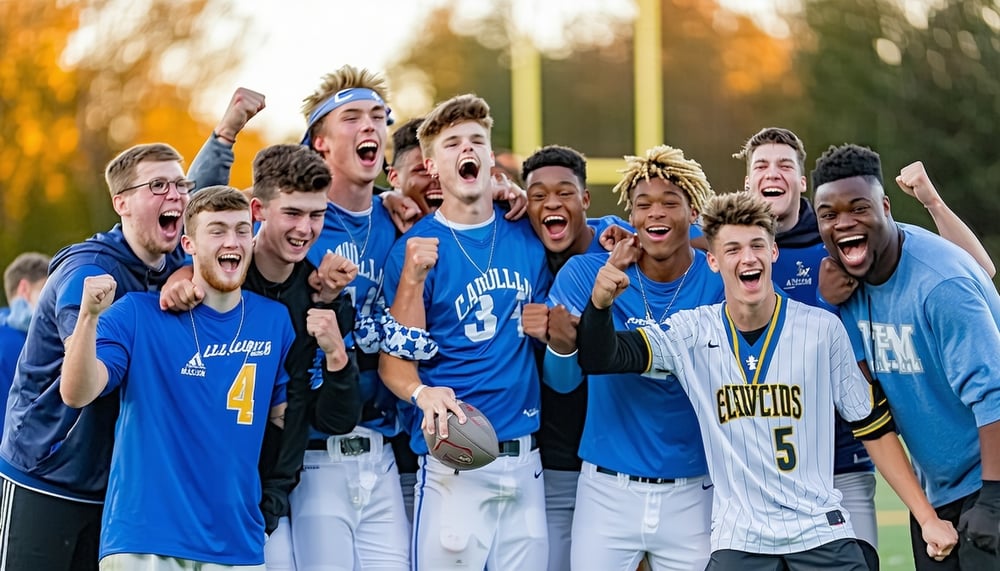 High school athletes celebrating with professional graphics in the background